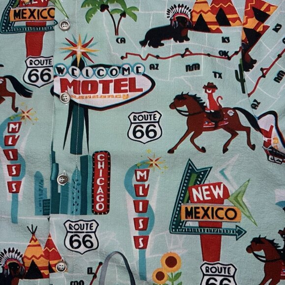VTG Hawaiian Shirts Mens M Blue Route 66 Cars Short Sleeve Button Up Aloha - Picture 3 of 6